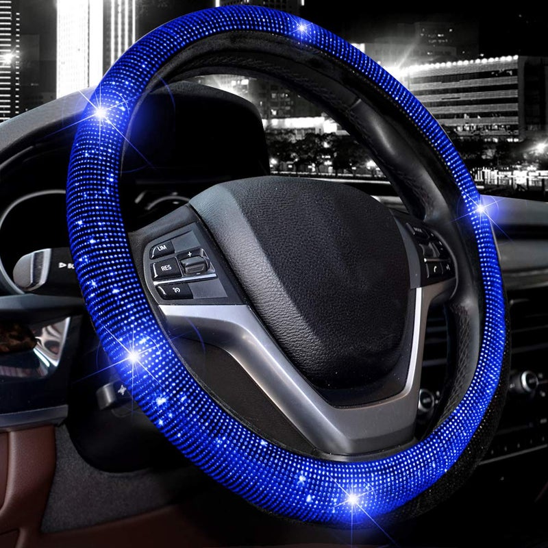 Valleycomfy Steering Wheel Cover for Women Men Bling Bling Crystal Diamond Sparkling Car SUV Wheel Protector Universal Fit 15 Inch (Black with Blue Diamond,Standard Size(14" 1/2-15" 1/4)) - Image 1